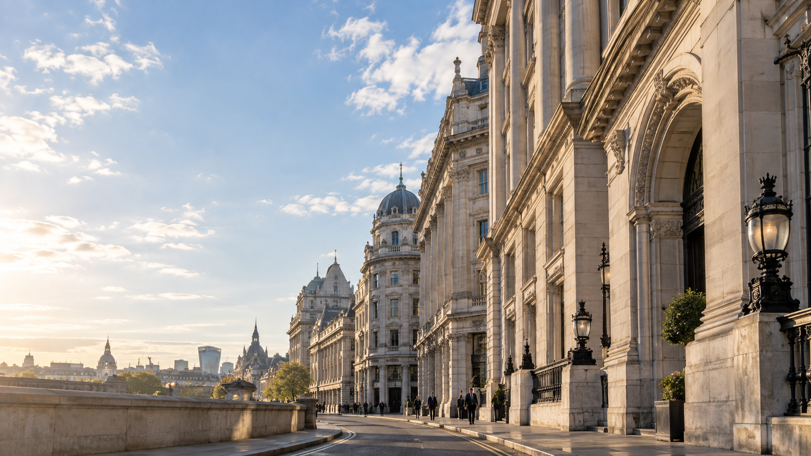 A City of London street lined with classical stone facades in early morning light